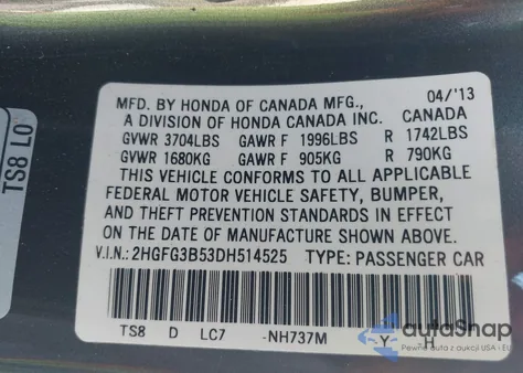 2013 Honda Civic Lx z USA, uszkodzony, nr VIN 2HGFG3B53DH514525